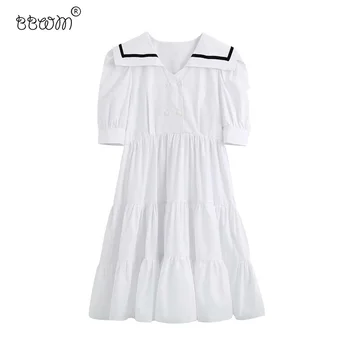 2020 Ženy Sladké Módne Skladaný Paletu Mini Šaty Preppy Štýl V Krku Lístkového Rukávy Šaty Dievčatá Elegantné Oblečenie