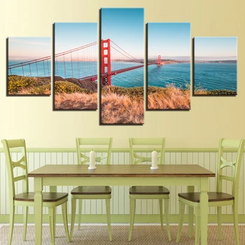 Plátno Obrazy Domova Modulárny Wall Art 5 Kusov Golden Gate Bridge Plagáty HD Vytlačí Modrá Obloha, More, Výhľad na Obrázky Rámec