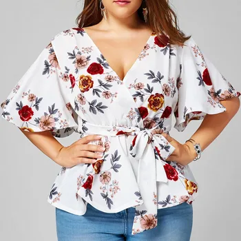 Dámske tričko Plus Veľkosť Sexy tvaru Kvetinový Tlač Svetlice Puzdro S Popruhom Cuta Peplum Topy A tričko Tričko blusas feminina