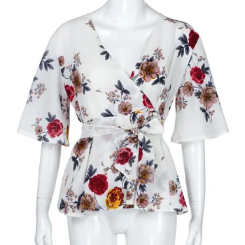 Dámske tričko Plus Veľkosť Sexy tvaru Kvetinový Tlač Svetlice Puzdro S Popruhom Cuta Peplum Topy A tričko Tričko blusas feminina