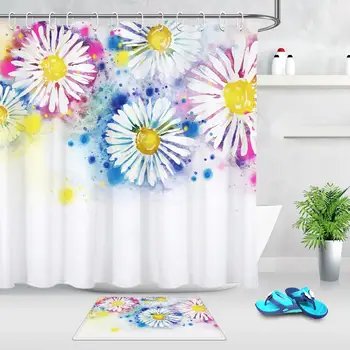 Akvarel Chryzantéma Tlač Nepremokavé Sprchové Závesy Polyester Textílie Vaňa Záves s Háčikmi Domov Kúpeľňa Dekorácie