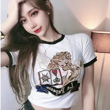 Sexy Grafické Tlače Krátke tričká Topy Ženy Lete roku 2020 kórejskej Ulici v Štýle Patchwork Ostrihané Topy Školáčka Streetwear