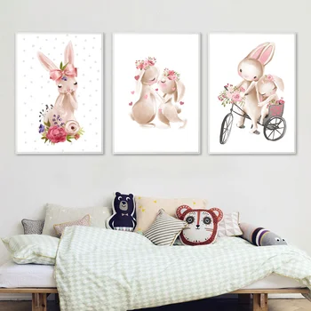 Bunny Plagát Zvieratá Škôlky Wall Art Print Králik Plátno Na Maľovanie Ružové Kvety Plagáty Na Stenu Obraz Dievča, Detská Izba Dekorácie