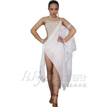 Nové Latin Dance Sukne Súťaže Tango Rumba, Samba Biely Elegantný Tanečné Šaty Iskrivý Drahokamu Štádium Tanečné Nosiť