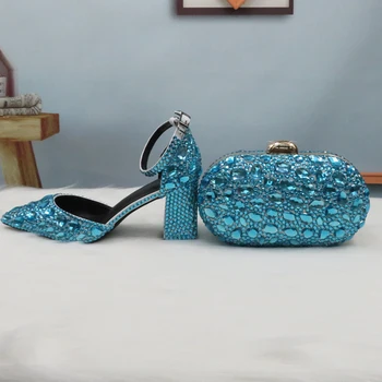 2020 Nový Príchod Leta Sky Blue Crystal Sandále dámske svadobné topánky Nevesta Módne Ukázal prst Hrubé Päty Pracka Sandále žena