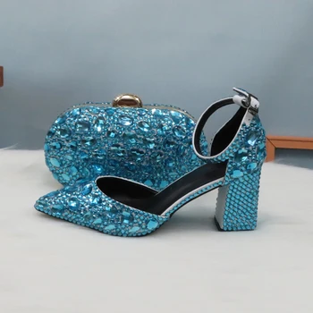 2020 Nový Príchod Leta Sky Blue Crystal Sandále dámske svadobné topánky Nevesta Módne Ukázal prst Hrubé Päty Pracka Sandále žena