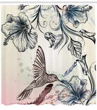 Kolibrík Sprchový Záves Kvetinový Umenia vo Vintage Štýle s Kolibrík Ibištek Kvety a Perie Kúpeľňa