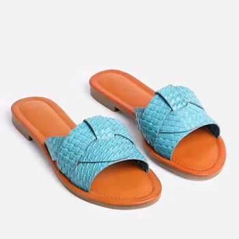 2020 Nový Dizajn Značky Ženy Papuče Väzbe Tkaniny Ženy Letné Beach Listov Vonkajšie Flip Flops Otvorené Prst Ploché Papuče Veľkosť 35-43