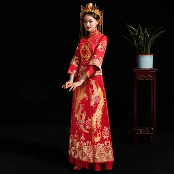 Čínsky Štýl, Svadobné Ženatý Šaty Phoenix Výšivky Tradičné Hanfu Dávnych Kostým Čínskej Nevesty Ženatý Qipao