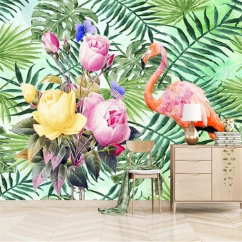 Wellyu Nordic štýl čerstvé akvarel zelenej listovej kvet flamingo pozadí vlastné veľké nástenné zelený hodváb látkové tapety