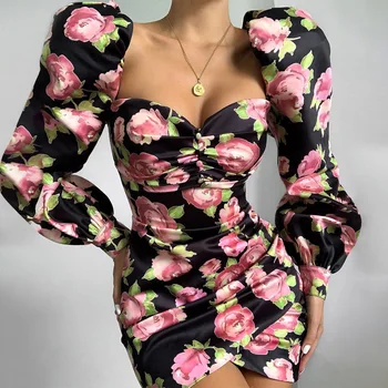 Nové Námestie Golier Kvetinový Tlač Sexy Backless Party Šaty Elegantné Módne Bez Ramienok Tlačidlo Lístkového Rukávom Tenký Mini Šaty Jeseň 2020