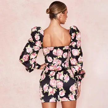 Nové Námestie Golier Kvetinový Tlač Sexy Backless Party Šaty Elegantné Módne Bez Ramienok Tlačidlo Lístkového Rukávom Tenký Mini Šaty Jeseň 2020