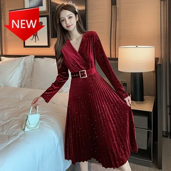 Francúzsky Vintage Čierna Červená Modrá Teľa Dĺžka Šaty Elegantné Zimné Zamatové Šaty Žien Skladaný Pás V Krku Dlhé Rukávy Jeseň