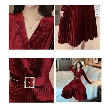 Francúzsky Vintage Čierna Červená Modrá Teľa Dĺžka Šaty Elegantné Zimné Zamatové Šaty Žien Skladaný Pás V Krku Dlhé Rukávy Jeseň