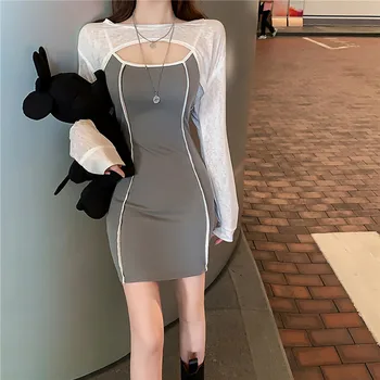 Real shot 2019 nové módne retro primer bežné sexy štíhla zoštíhľujúce šaty s dlhým rukávom dvoch-dielny