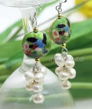Qingmos Prírodné Pearl Náušnice pre Ženy s 6-7mm White Pearl & 18 mm Biela Visieť Cloisonne Náušnice pre Ženy Šperky ear588