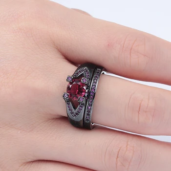 Luxusné čierne zbraň sľub Prstene sady pre svadobné ženy, šperky darček princezná kráľovská modrá červená českej zirkón Zásnubné Prstene