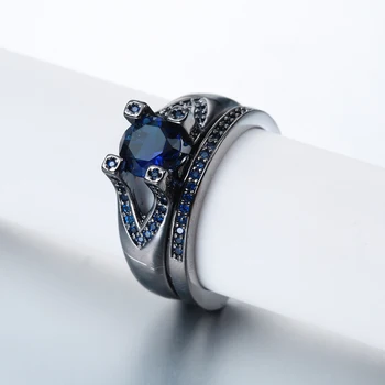 Luxusné čierne zbraň sľub Prstene sady pre svadobné ženy, šperky darček princezná kráľovská modrá červená českej zirkón Zásnubné Prstene