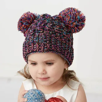 Nové jesenné a zimné nový detí klobúk vlna pletený hat twist tkané dvojitý loptu vlasy loptu klobúk chlapci a dievčatá klobúk