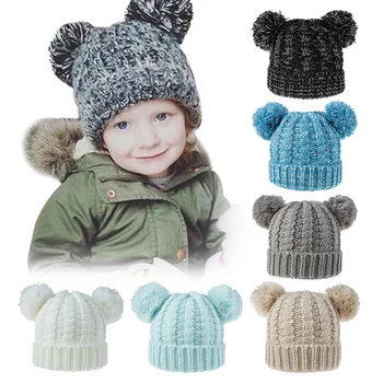 Nové jesenné a zimné nový detí klobúk vlna pletený hat twist tkané dvojitý loptu vlasy loptu klobúk chlapci a dievčatá klobúk