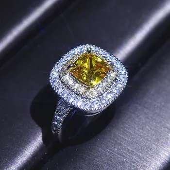 Luxusné námestie yellow crystal citrine kamene, diamanty prstene pre ženy biele zlato strieborná farba bague luxusné šperky strany dary