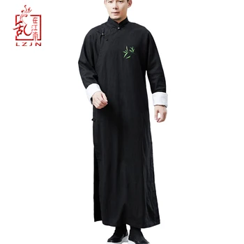 LZJN Čínskych Mužov Klasické Master Oblečenie Dlho Bielizeň Výkopu Župan Kabát Strane Pozdĺžneho Kung-Fu Tai Chi Tradičné Výšivky Oblečenie