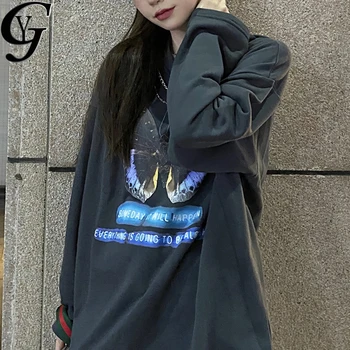 Gotickom Štýle Voľné Plus Veľkosť Black Hoodies Ženy 2020 kórejský Módne Motýľ Pulóver Príležitostné O-krku Mikina s Dlhým Rukávom Top