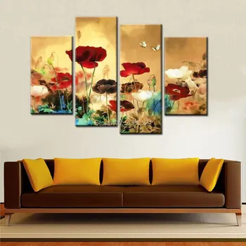 Ručne Maľované 4 kusy dekoratívne zlaté sfarbenie krajiny olejomaľba na plátne pre obývacia izba obrázky kvetov moderné nástenné art