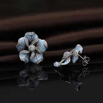 Nové Elegantné Dámy Lesklé Zirkón Crystal Blue Lotus Strom Malé Stud Náušnice Pre Ženy, Svadobné Vyhlásenie Brincos Šperky, Darčeky