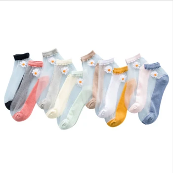 1 Pár Priedušná Ultra Tenké Ponožky Letné Ženy Transparentné Daisy Kvet Členkové Ponožky Dievčatá Elastické Krátke Ponožky