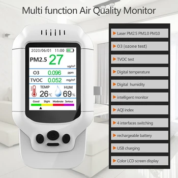 Kvalita ovzdušia Detektor 7 v 1 Multifunkčné Portable Air Detekcie O3 PM2.5 PM1.0 PM10 TVOC pre Domáce Vonkajšie