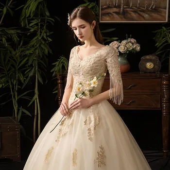 Luxusné Lištovanie Strapec Svadobné Šaty GR755 Elegantné Plus Veľkosť Svadobné Šaty, Výšivky, Čipky Svadobné Šaty Pre Ženy 2020