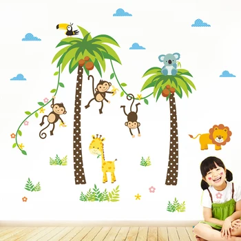 Nové Vymeniteľné Opice Vinyl Umenie Coconut Tree Stenu, Nálepky nástenná maľba Odtlačkový detskej Izby Mš Prostredie Rozloženie Stenu Decor