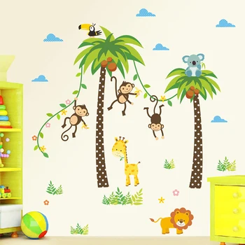 Nové Vymeniteľné Opice Vinyl Umenie Coconut Tree Stenu, Nálepky nástenná maľba Odtlačkový detskej Izby Mš Prostredie Rozloženie Stenu Decor