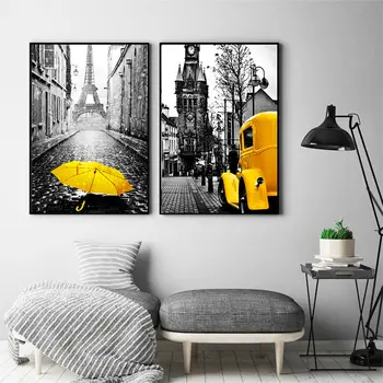 Nordic Plátno na Maľovanie Retro Európskeho Mesta Scenérie Obraz Domova Wall Art Žlté Auto Balón Plagáty a Výtlačkov pre Spálne