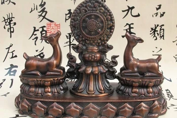 Tibete Chrám Čistý Bronz Šťastie Dva Jelene Kingland Budhistické Odznak symbol Socha