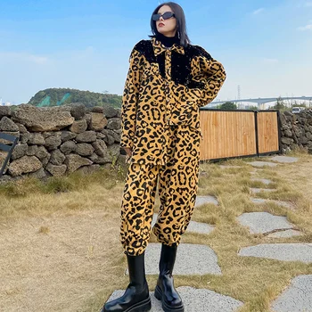 Trendy Dve Dielna Sada Sequin Leopard Tlač Ženy Kórejský Tweed Bunda Vyhovovali Asymetrický Zodpovedajúce Menčester Tričko Patchwork 2 Ks Elegantné