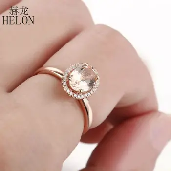 HELON Morganite Zásnubný Prsteň Rose Gold Diamanty Snubné Prstene Pevné ružové Zlato 14K Diamanty Kapela 8x6mm Oválne Morganite Krúžok