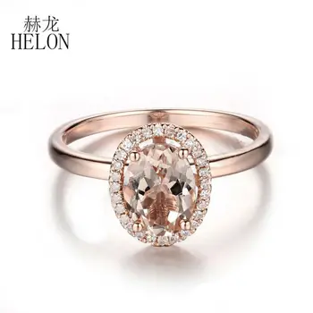 HELON Morganite Zásnubný Prsteň Rose Gold Diamanty Snubné Prstene Pevné ružové Zlato 14K Diamanty Kapela 8x6mm Oválne Morganite Krúžok