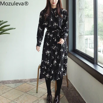 Mozuleva Bežné tvaru Volánikmi Voľné Ženy Šaty 2020 Elegantné Tlačiť Celý Rukáv Šifón Šaty Žena Vysoký Pás Midi Vestidos