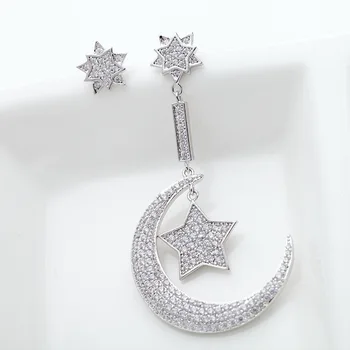 2019 AAA Cubic Zirconia Moon Star Asymetrický Náušnice Nevesta je Elegantné Moon Star Strieborné Náušnice kórejský Módne Náušnice Šperky