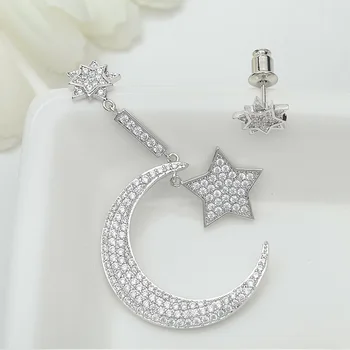 2019 AAA Cubic Zirconia Moon Star Asymetrický Náušnice Nevesta je Elegantné Moon Star Strieborné Náušnice kórejský Módne Náušnice Šperky