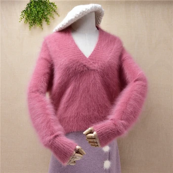 Dámy ženy módne sladké ružové tvaru krátke plodín top noriek cashmere voľné pulóver angora kožušiny pletené jumper sveter zime