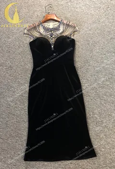 Rýn reálne Obrázky Sexy Posádky Krku Black Velvet Koleno Dĺžke Šiat Prom arabčina Večerné Šaty платье 2021