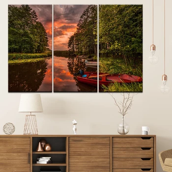 Maliarske plátno Rybársky čln na rieke so západom slnka, 3 Kusy Múr Umenia Maľby Modulárny Tapety, Plagát, Tlač Domova