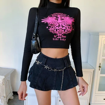 Y2k Estetické ženské tričká Gotickom Štýle Chudá Streetwear Dlhý Rukáv Turtleneck Plodín Topy Tee Bežné E-dievča Oblečenie 2021