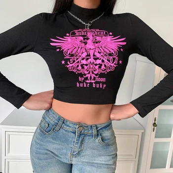 Y2k Estetické ženské tričká Gotickom Štýle Chudá Streetwear Dlhý Rukáv Turtleneck Plodín Topy Tee Bežné E-dievča Oblečenie 2021