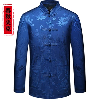 Pánske sako nové 2020 Tang vyhovovali kabát na jeseň muž bundy dlhým rukávom Hanfu Čínsky štýl drak vzor veste homme