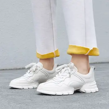 ALLBITEFO módne bežné originálne kožené módne Otecko topánky šport, oddych tenisky nepremokavé topánky platformu ženy byty