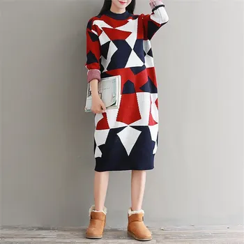 2020 Ženy Jeseň v zime teplé voľné Stredne Dlhé Šaty Preppy Štýl Geometrické Pletené šaty Vestido plus veľkosť šaty, sveter
